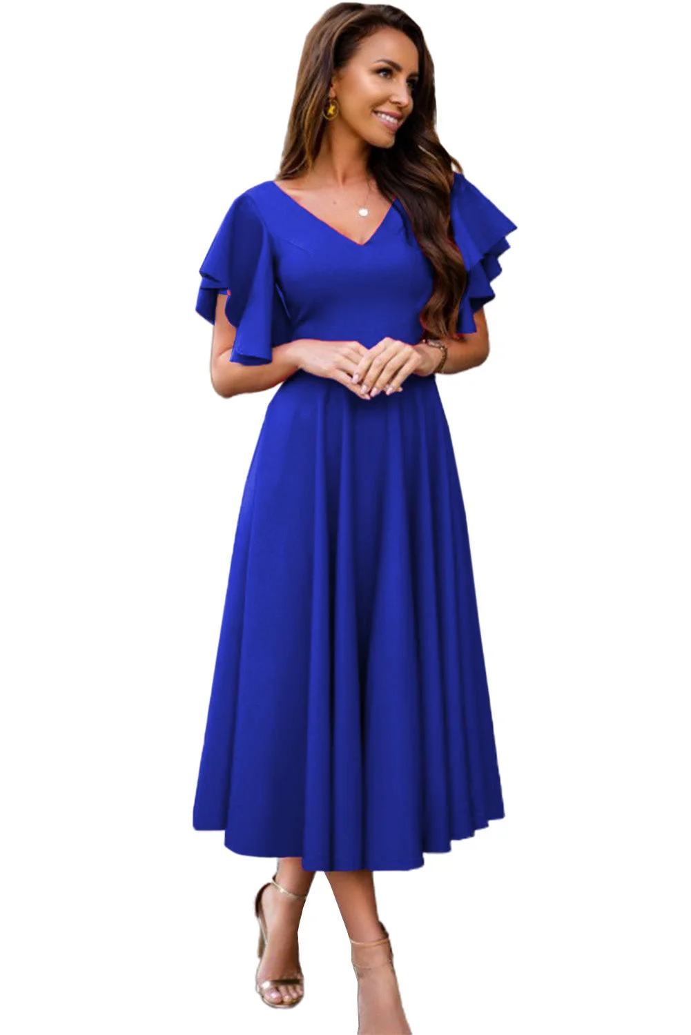 Women Blue V Neck Ruffled Sleeves Flare Long Dress