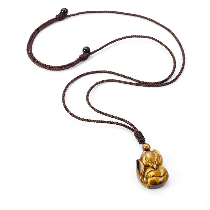 Natural Black Obsidian Tiger Eye Ice Obsidian Fox Pendant Amulet Necklace
