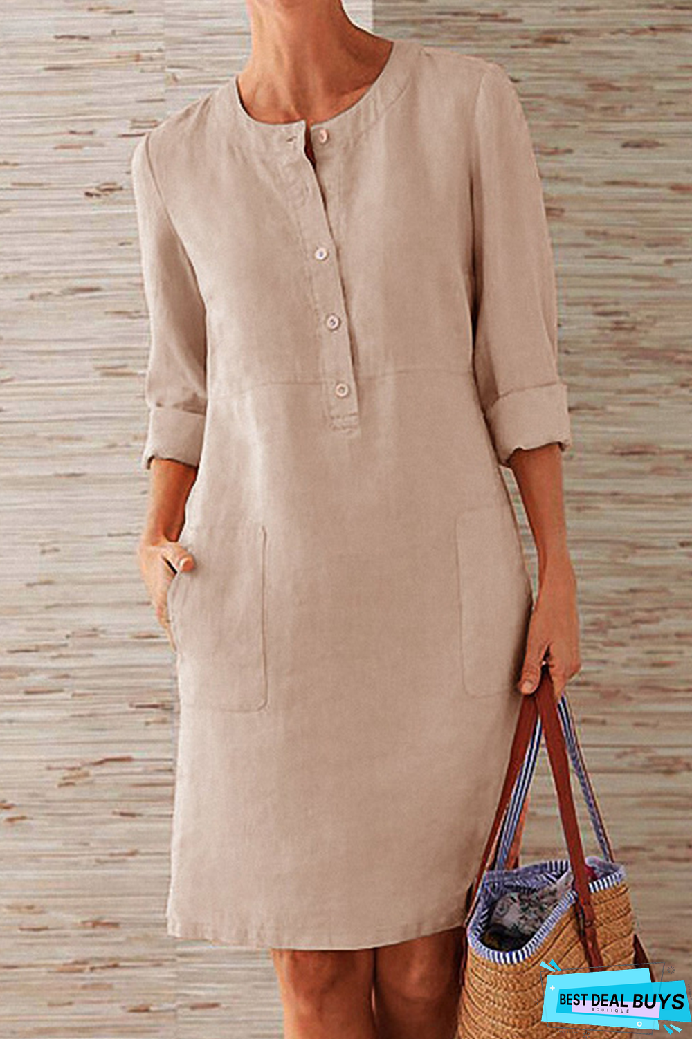 Casual Solid Pocket Buckle O Neck Long Sleeve Dresses(6 Colors)