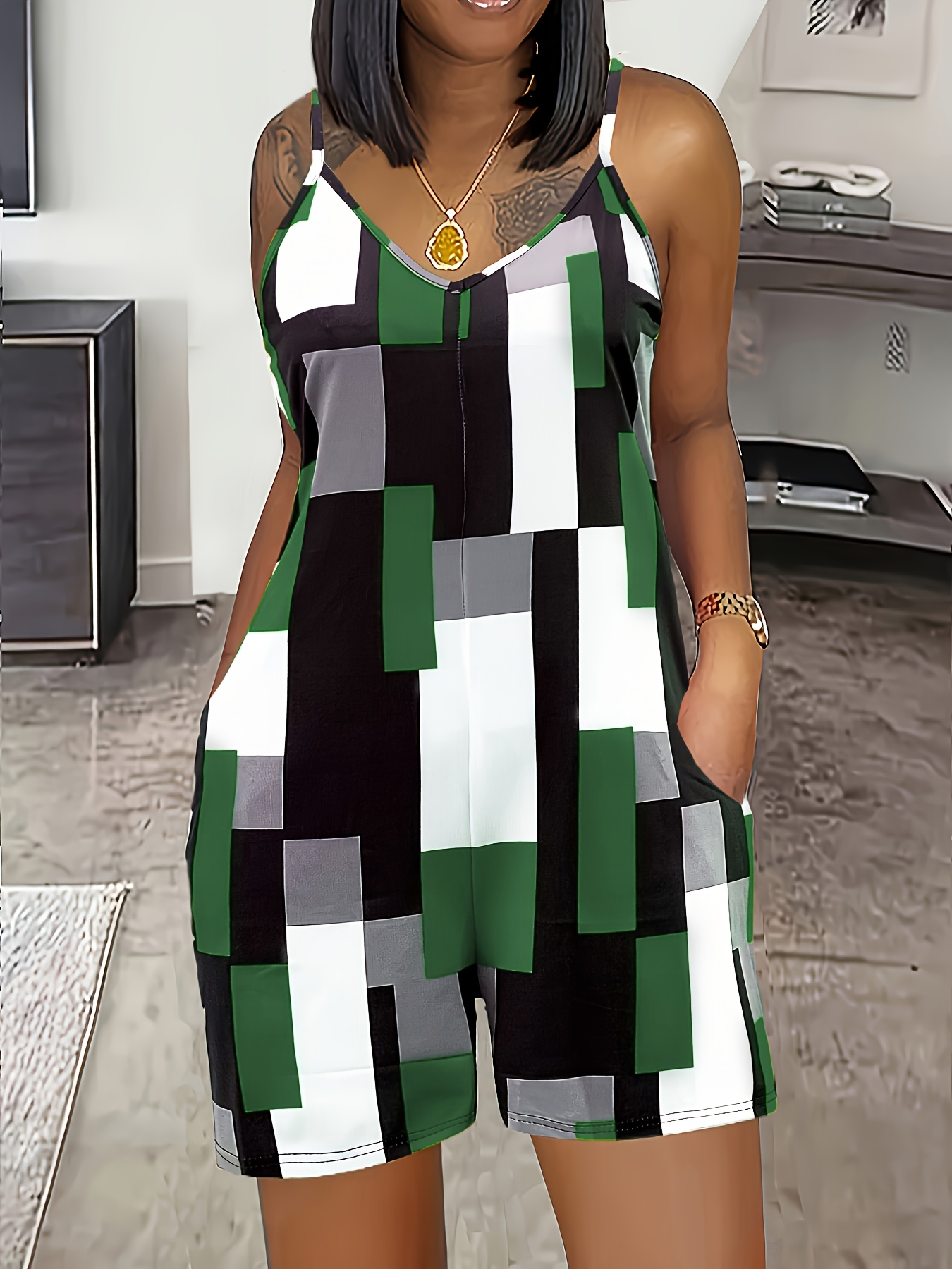 Women's Sleeveless V-Neck Elegant Jumpsuit - Black/White/Orange/Gray Geometric Print, Straight-Leg With Side Pockets, Machine Washable Casual Vacation & Casual Attire, Ladies Rompers And Jumpsuits, Comfortable Fit | IFYHOME