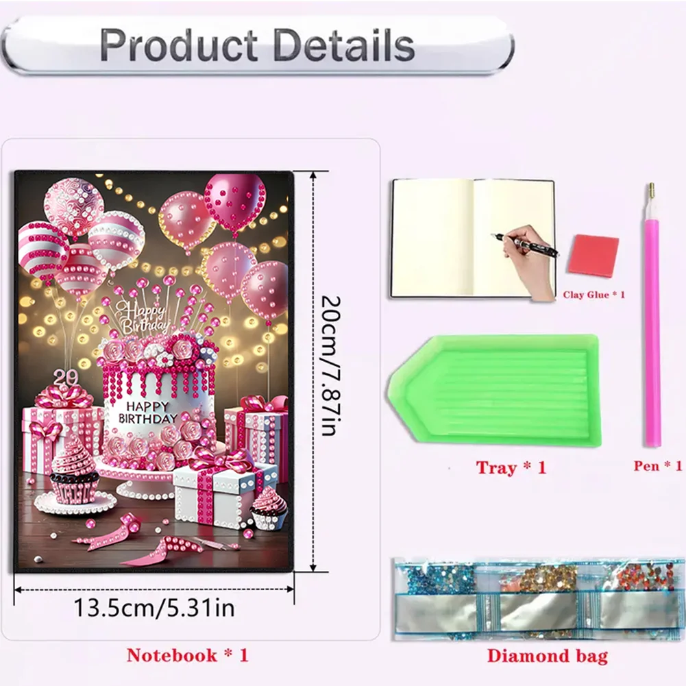 2pcs 50-Page A5 Birthday Cake Diamond Painting Notebook for Adults Holiday Gift