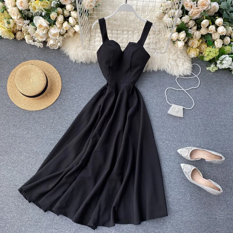 Croysier Summer Dresses For Women Party Big Swing Vintage Elegant Midi Dress Sleeveless Wide Straps Back Lace Up Sexy Dress 2022
