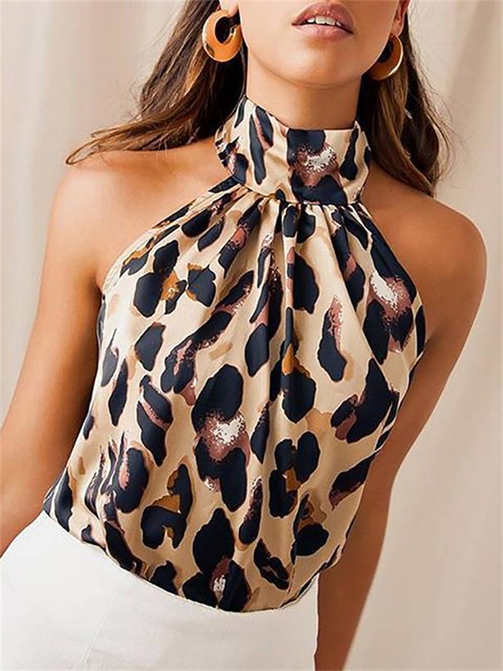 Summer Hot Hanging Neck Slim Type Short Section Sleeveless Small Undershirt Casual Leopard Print Undershirt Satin Women