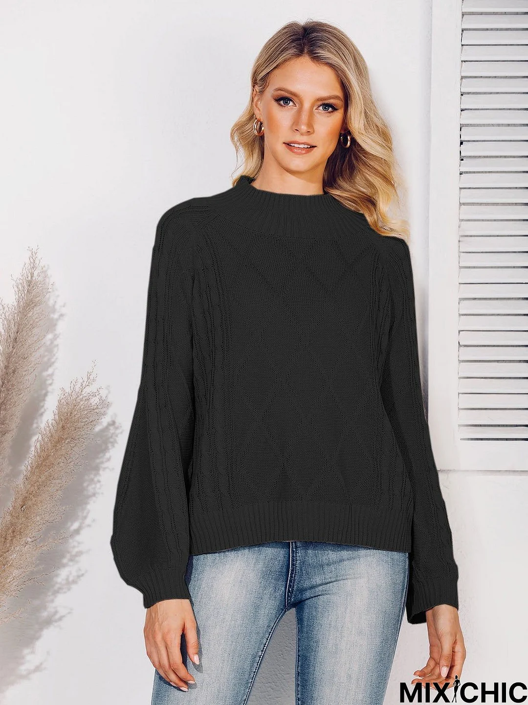 Balloon Sleeve Solid Sweater