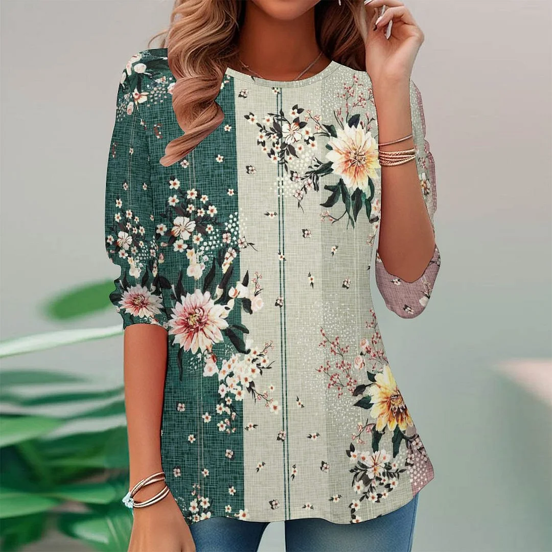 Vintage Printed Long Sleeve Plus Size Tunic for  Women and Men Unisex Pattern Floral,Pink,Green,Stitch
