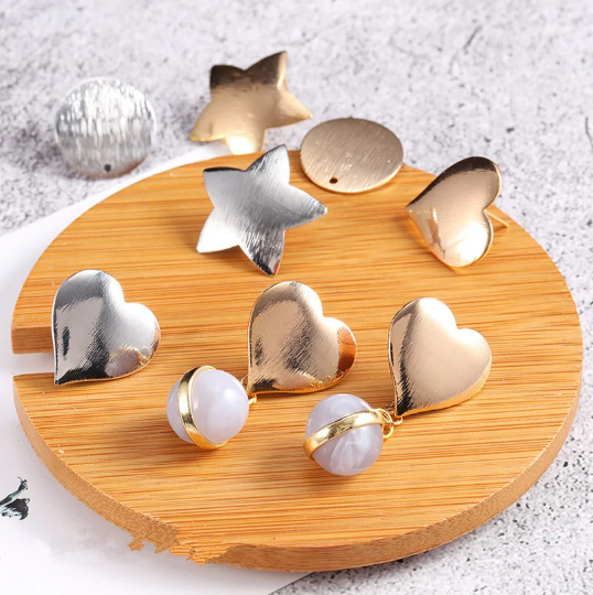 10Pcs Gold Silver Round Circle/Star/Heart Earring Stud Charms with Pin Charm Jewelry Charm Diy Jewelry Accessories Craft Supplies