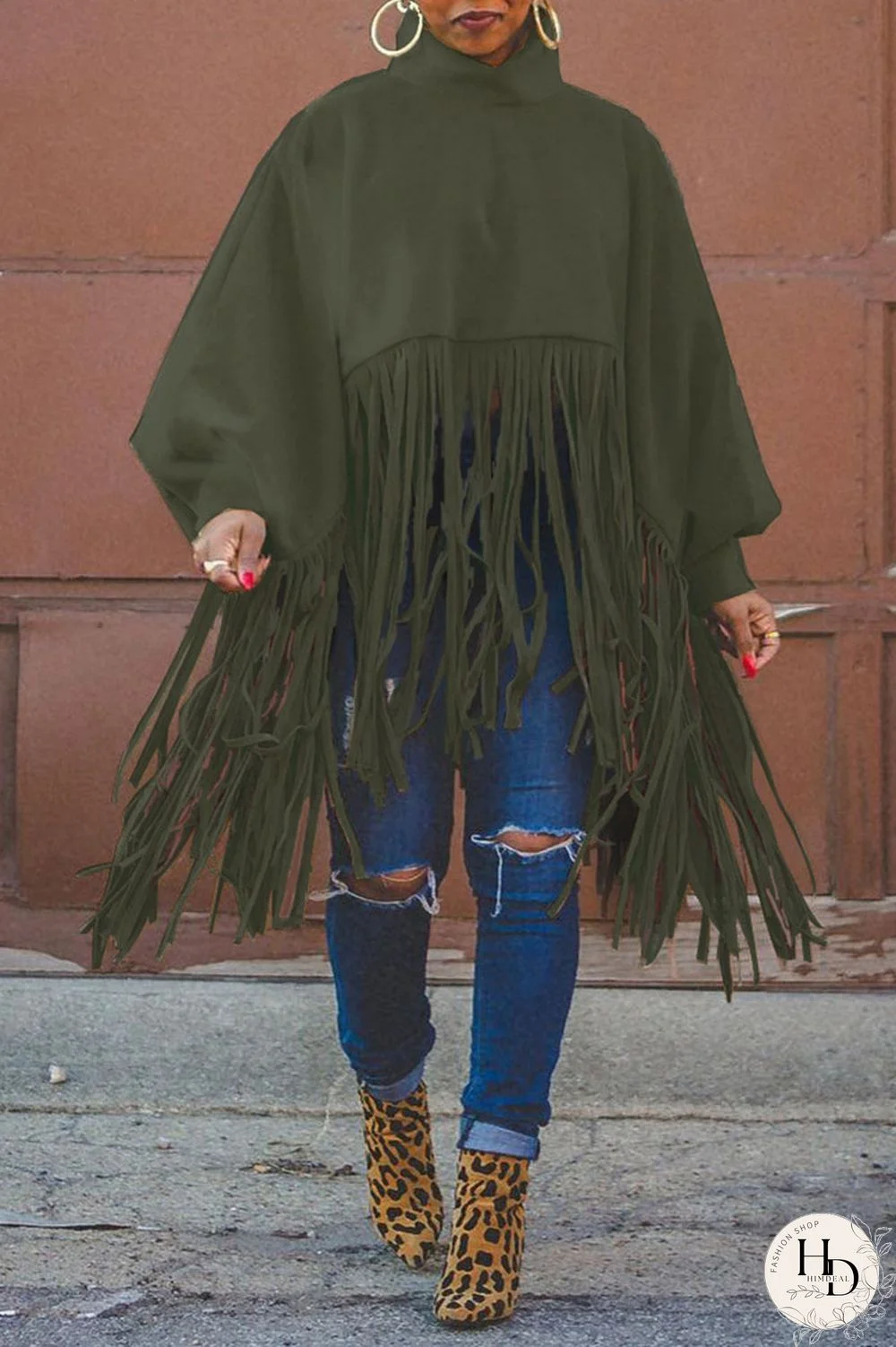 Army Green Fashion Vintage Solid Tassel Turtleneck Plus Size Overcoat