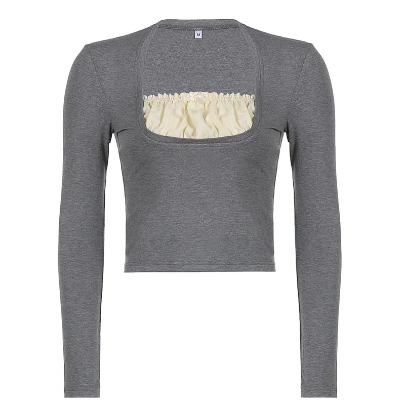 Rapcopter y2k Frill Crop Top Bow Cute T Shirt Patched Black Full Sleeve Pullovers Retro Grunge Fairycore Korean Tee Women Chic