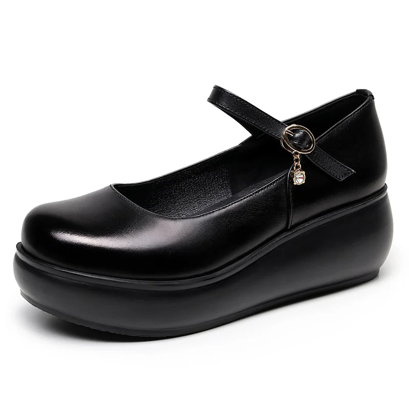 Breakj Breakj Skin Round Head Heel Slope And Shallow Mouth Single Shoes Waterproof Table Casual Leather Shoes Buckle With Loose Cake Thick-Soled Shoes Women Autumn