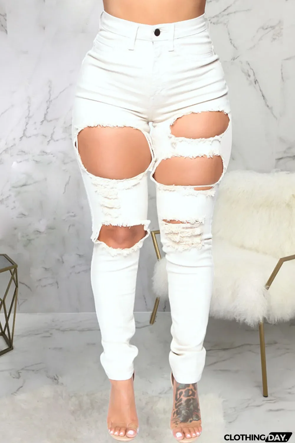 White Broken Holes Denim