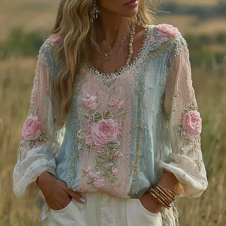 Women's Floral Embroidered Round Neck Comfortable Top