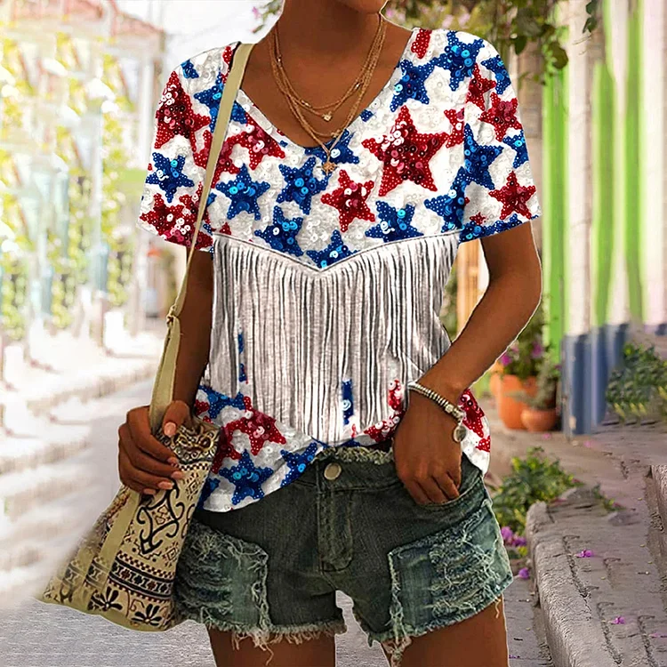 American Flag Stars Glitter Sequin Tassel Print V Neck T-Shirt