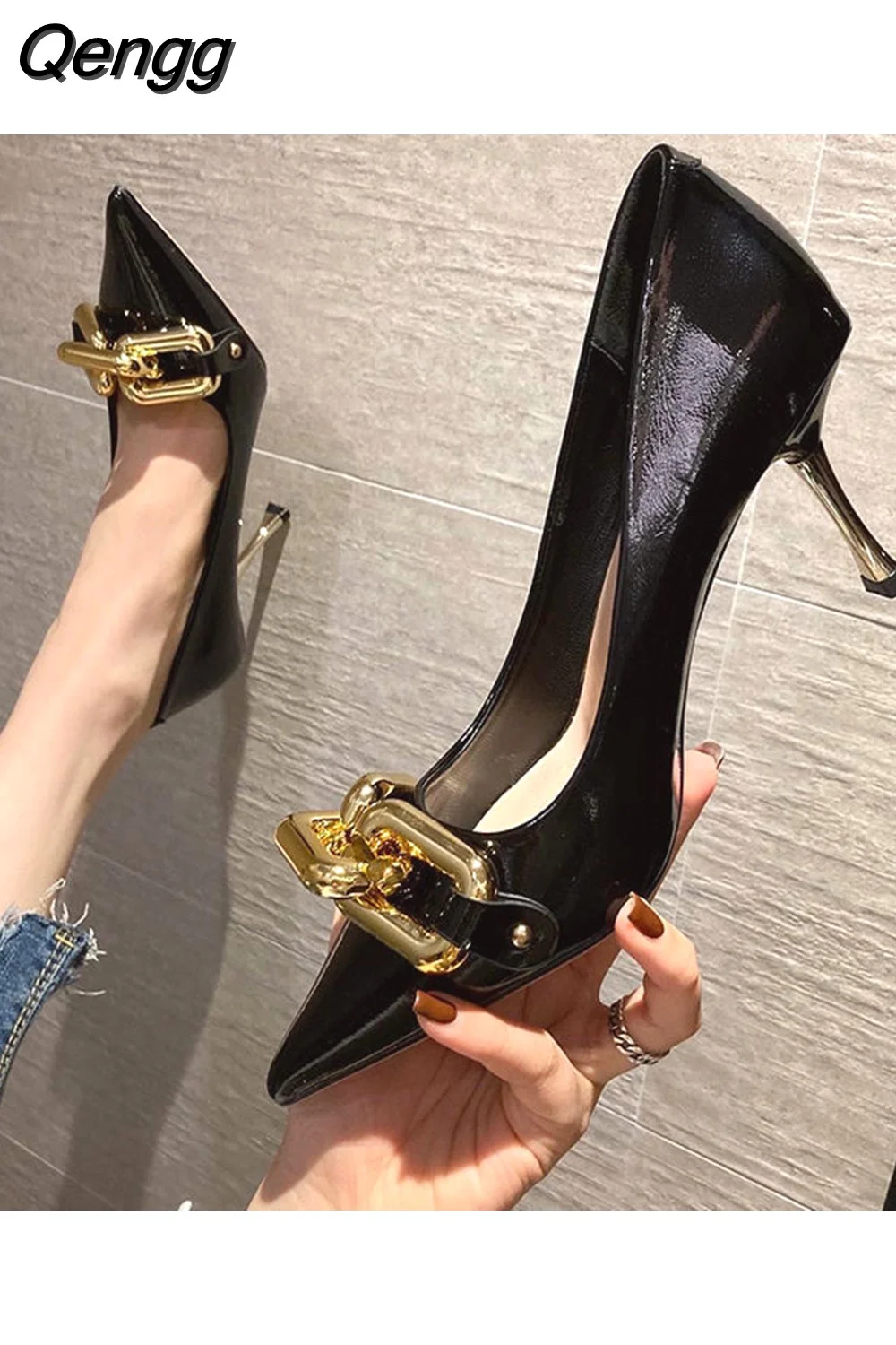 Qengg Heeled Shoes 2023 Pointed Toe Stiletto Shoes Women Green Pumps Patent Leather High Heels with Metal Chain Ladies Office