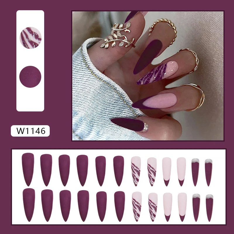 Churchf Churchf Pointed Nail Purple Charm Tiger Skin Grain Flash Pink Nail Matte Matte Texture Wear Beautiful Nail Nail Piece