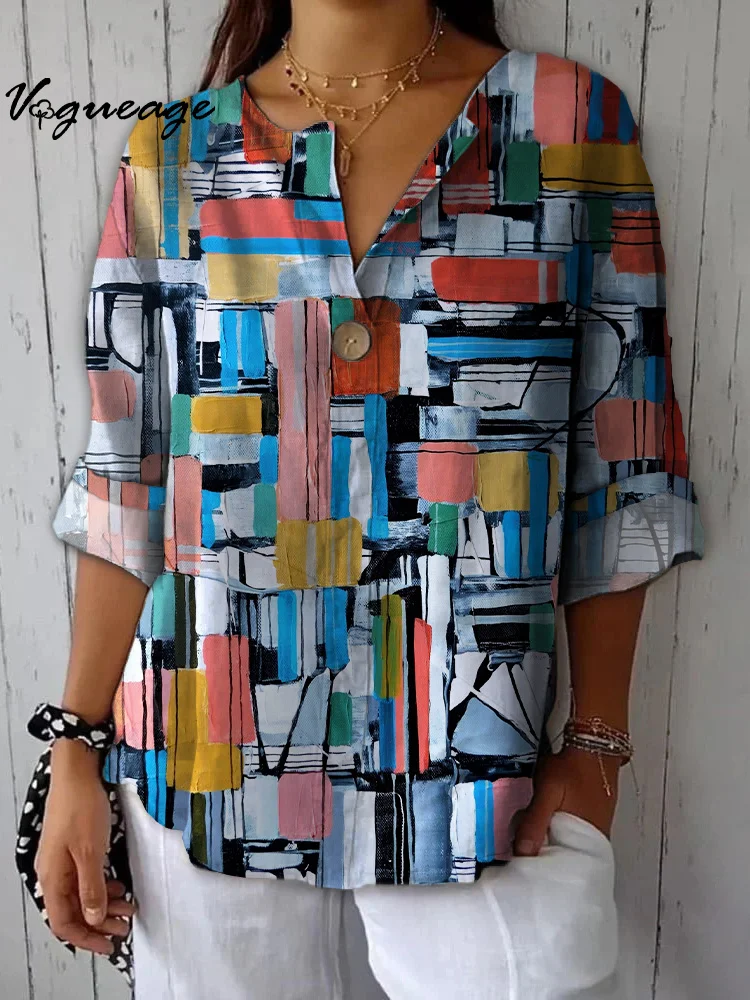 Color Lines And Blocks Are Regularly Spliced ​​Printed Cotton And Linen Shirt