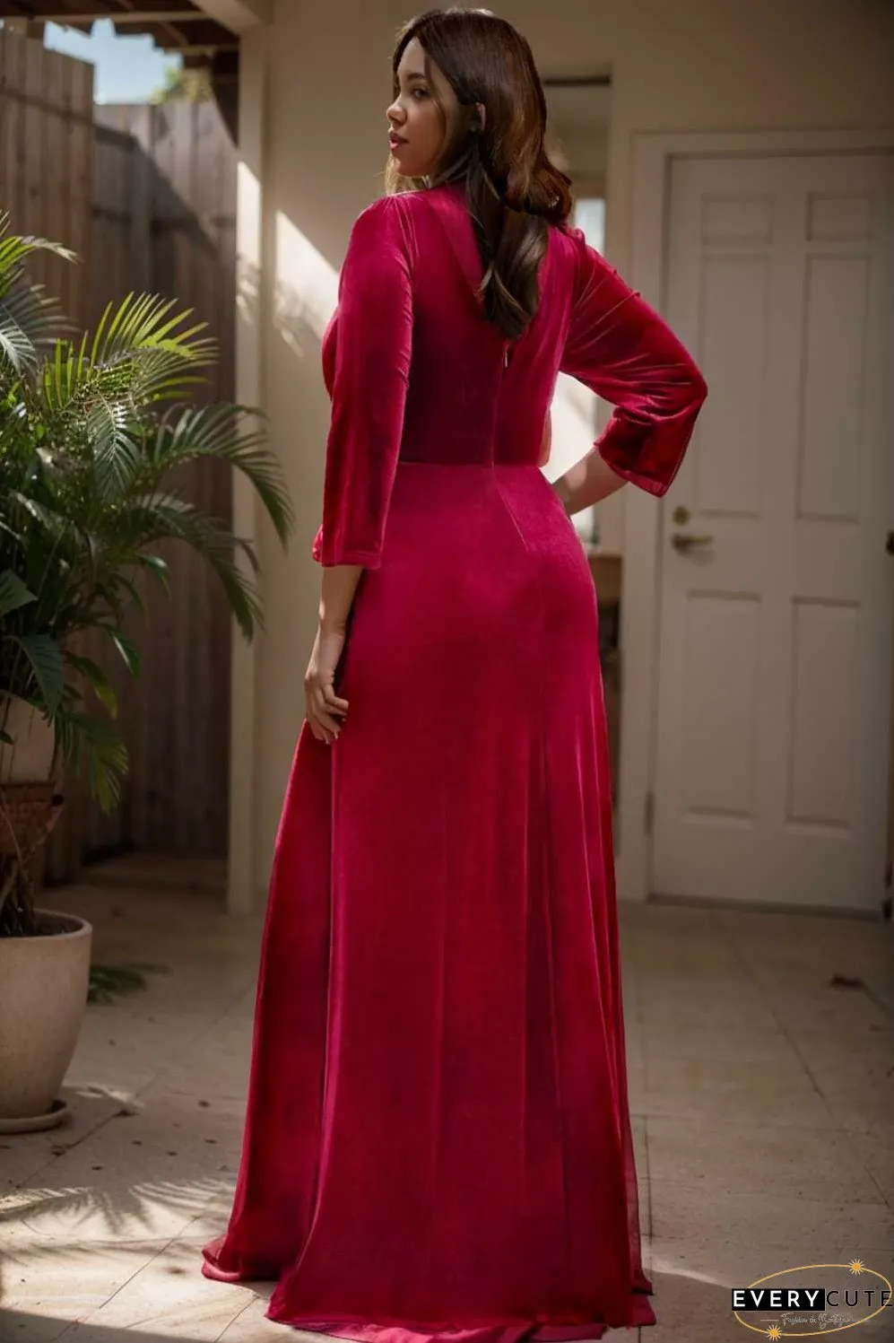 velvet 3 4 length sleeve illusion v neck front slit evening dress