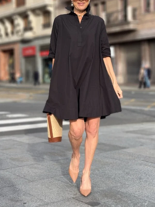 Solid Color Split-Joint A-line Short Sleeves Lapel Shirt Dress Mini Dresses