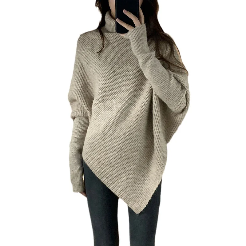 Churchf Churchf Winter Korean Version High Collar Hem Irregular Niche Design Sense Sweater Loose Lazy Wind Soft Waxy Knit Female Top