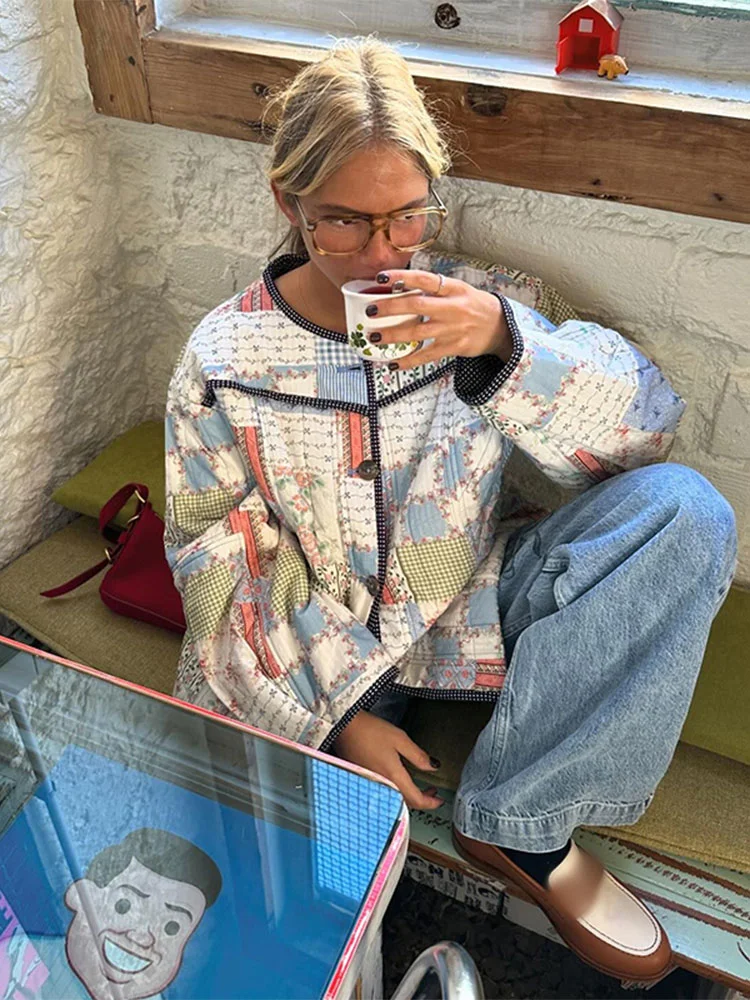 Lvpinyuan fall outfits Chic Patchwork Printed Women's Warm Cotton Jackets Elegant Round Neck Single Breasted Long Sleeves Coats 2025 New Female Outwear