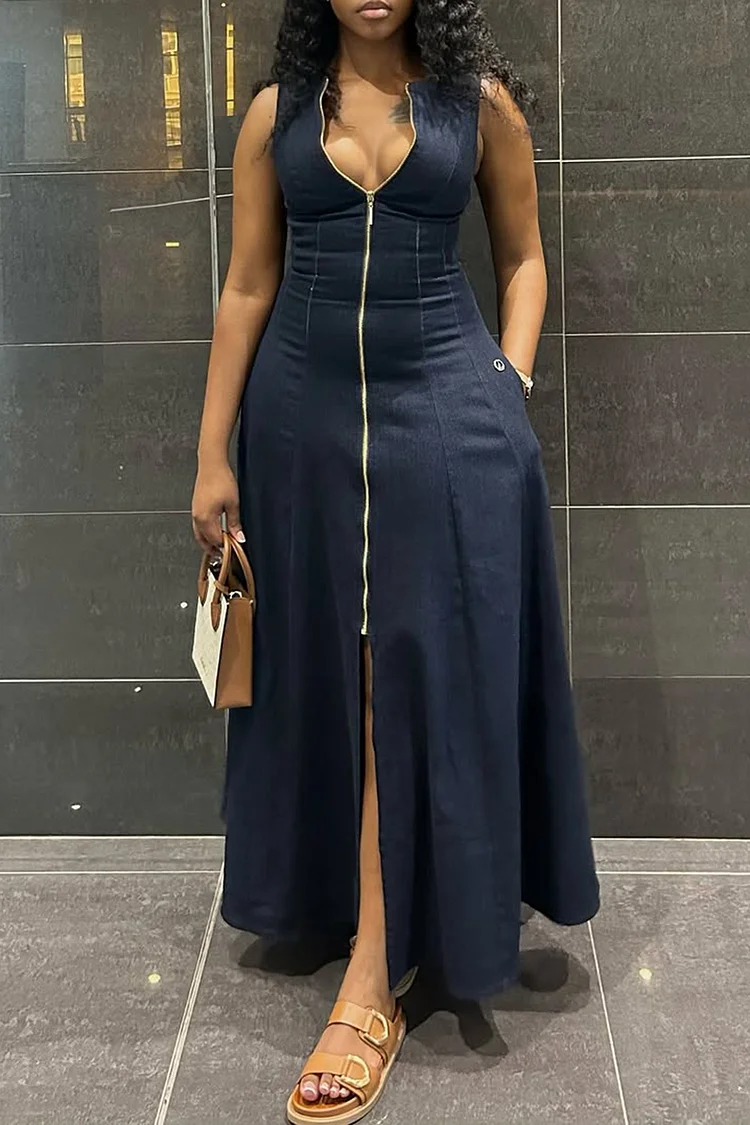 Plus Size Vacation Navy Blue Zipper Pocket Tencel Denim Maxi Dresses [Pre-Order] 2024 - Xpluswear