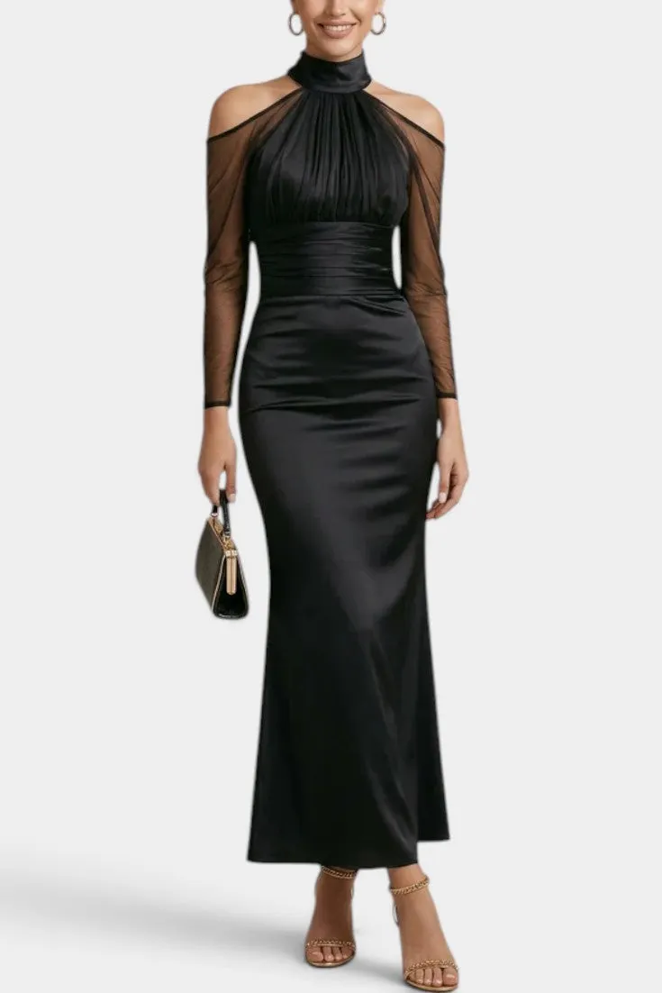 High Neck Satin Maxi Dress with Mesh Sleeves