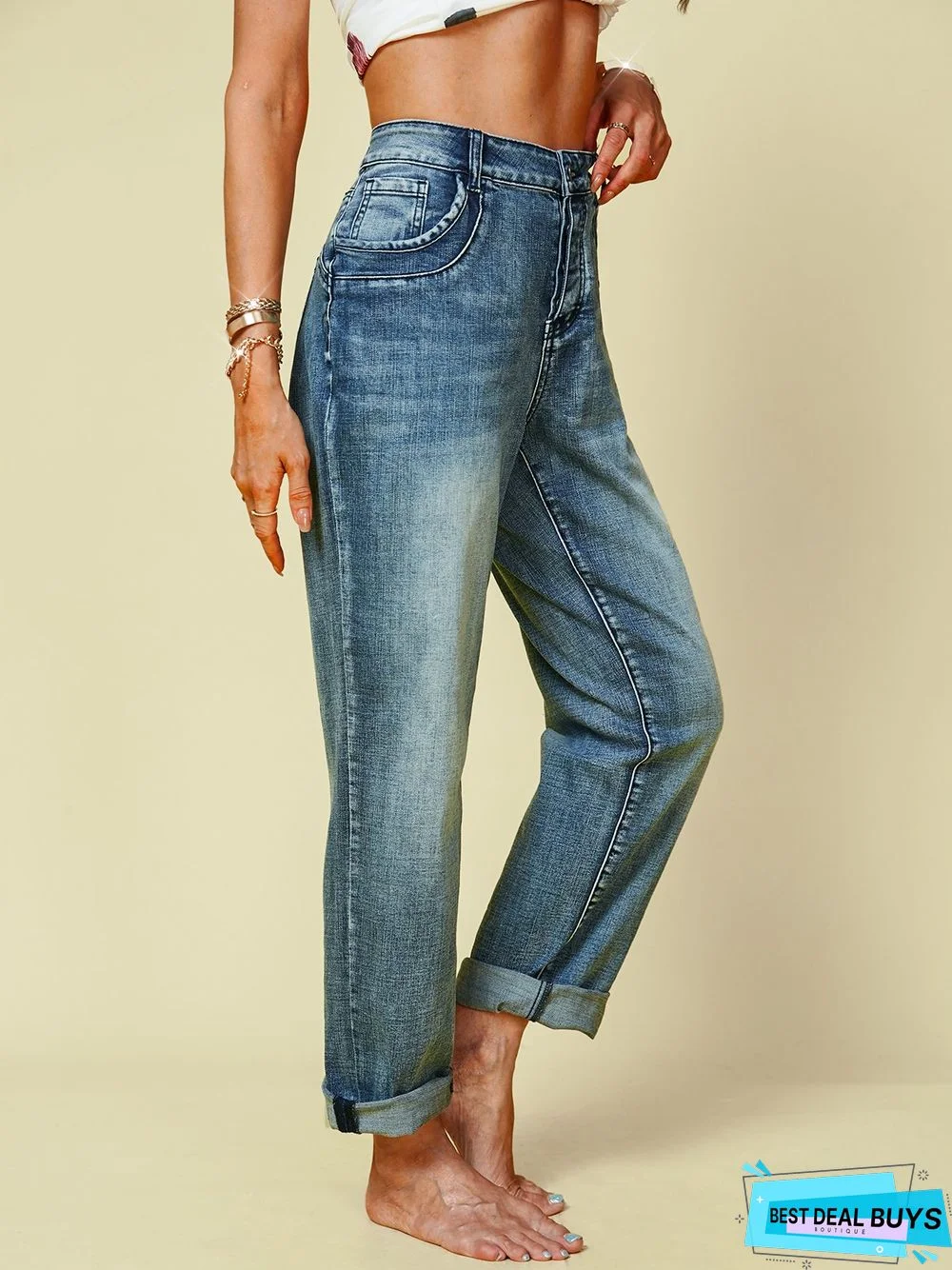 Blue Denim Simple Solid Pockets Jeans