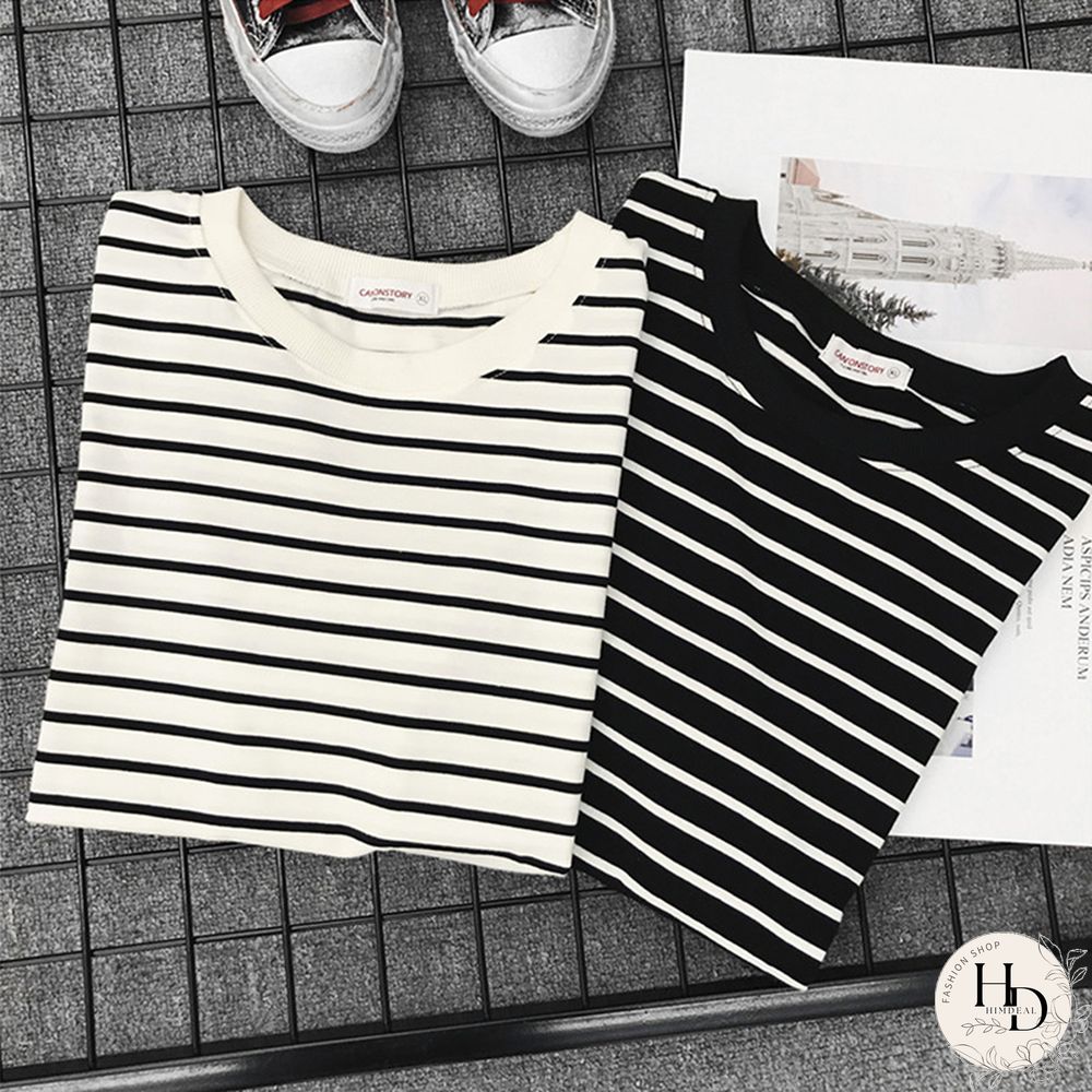 Womens Short Sleeve Shirt Classic Black & White Striped Loose Casual topper Harajuku