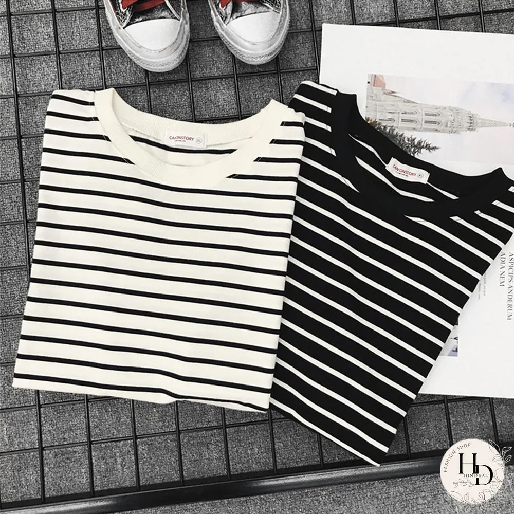 Womens Short Sleeve Shirt Classic Black & White Striped Loose Casual topper Harajuku