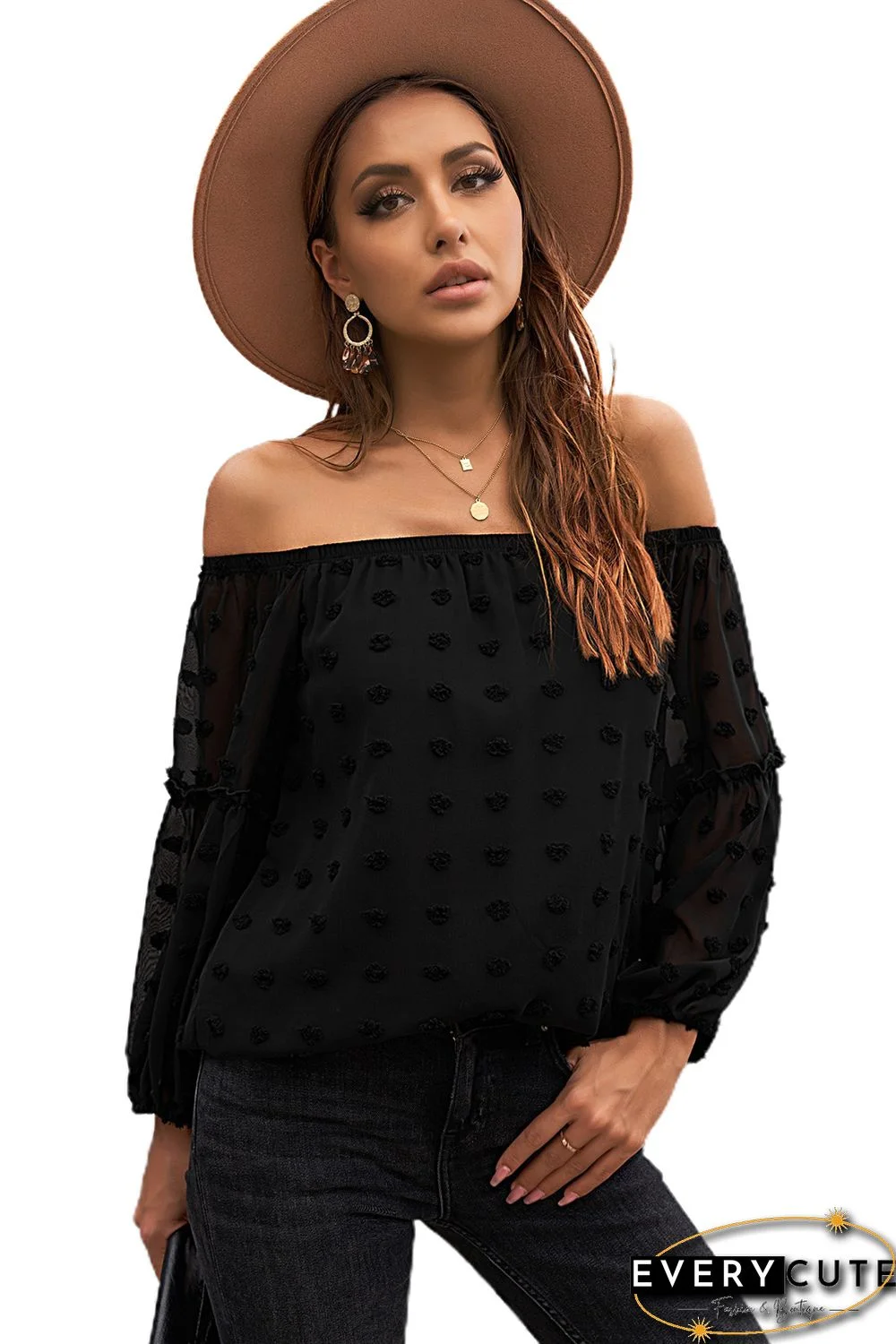 Black Swiss Dot Off The Shoulder Blouse