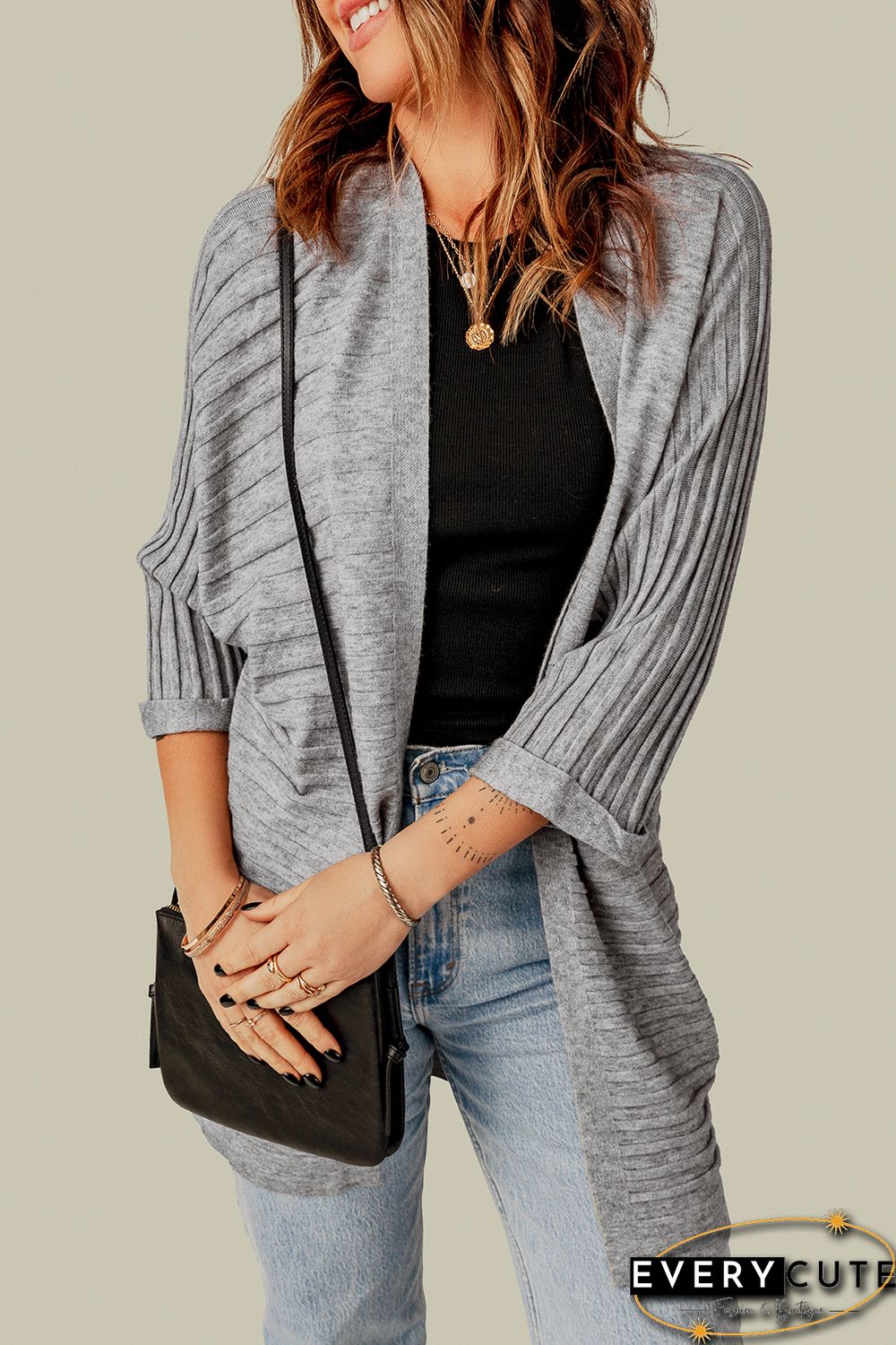 Grey Ribbed Open Front Knit Cardigan