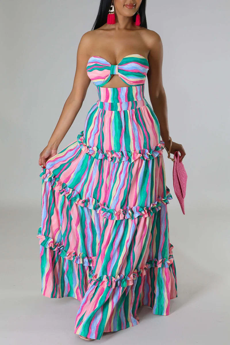 Pink Sexy Striped Print Hollowed Out Patchwork Strapless Sleeveless Two Pieces