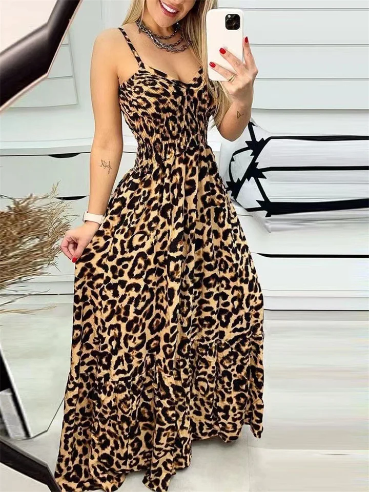Summer New Fashion V-neck Halter Backless Dress High Waist Large Size Sexy Leopard Print Long Skirt Female