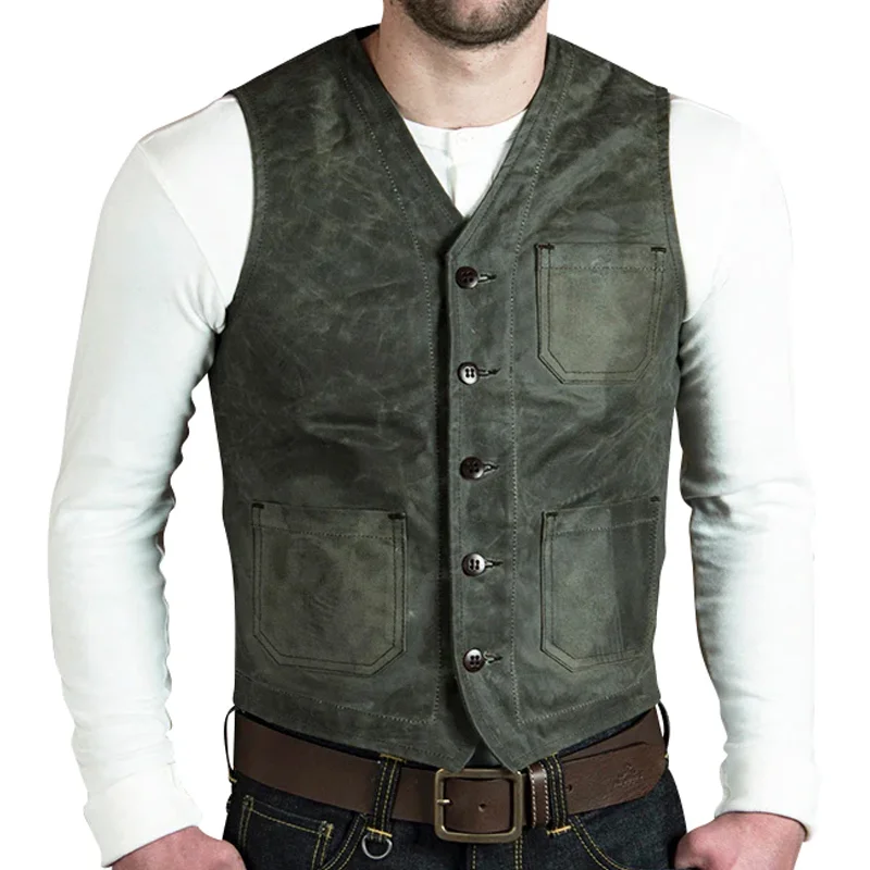 Vintage Waxed Canvas Olive Green Single-Breasted Vest