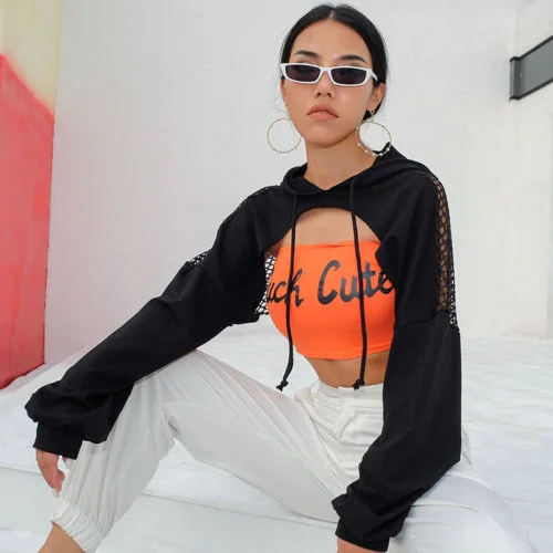Summer Fashion Pullover Club Wear Streetwear Cropped Hoodie Women Sexy Mesh Fish Net Hooded Chest Hollow Sweatshirt Tops