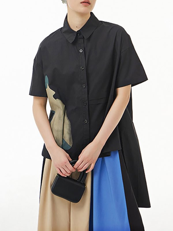 Original Loose High-Low Printed Short Sleeves Blouse