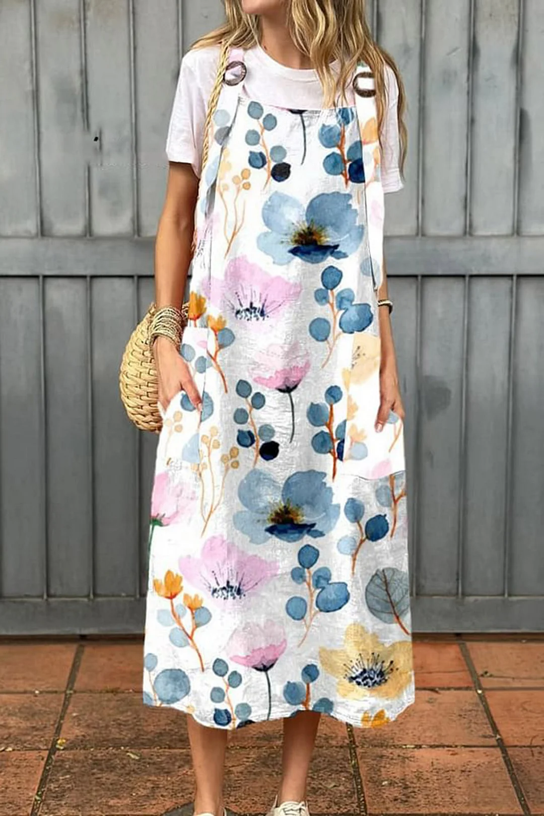 Women's Vintage Flower Art Print Cotton Pocket Suspender Dress