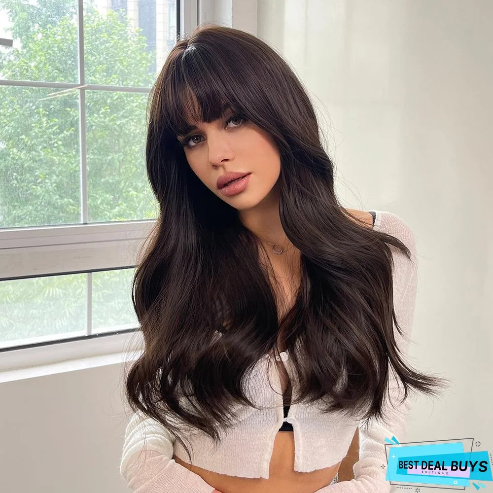 Long Brown Wigs with Bangs Wave Synthetic Wigs For Women