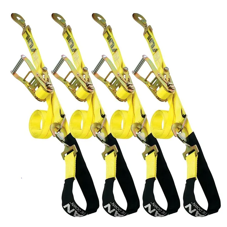 Silscvtt High Viz Green Car Tie Down with Chain Anchors Lasso Style 2 Inch x 96 Inch 4 PCS 3,300 lbs Safe Working Load