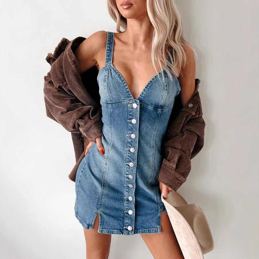 Women's Summer Sweet and Spicy Cardigan-style Suspender Retro Denim Dress