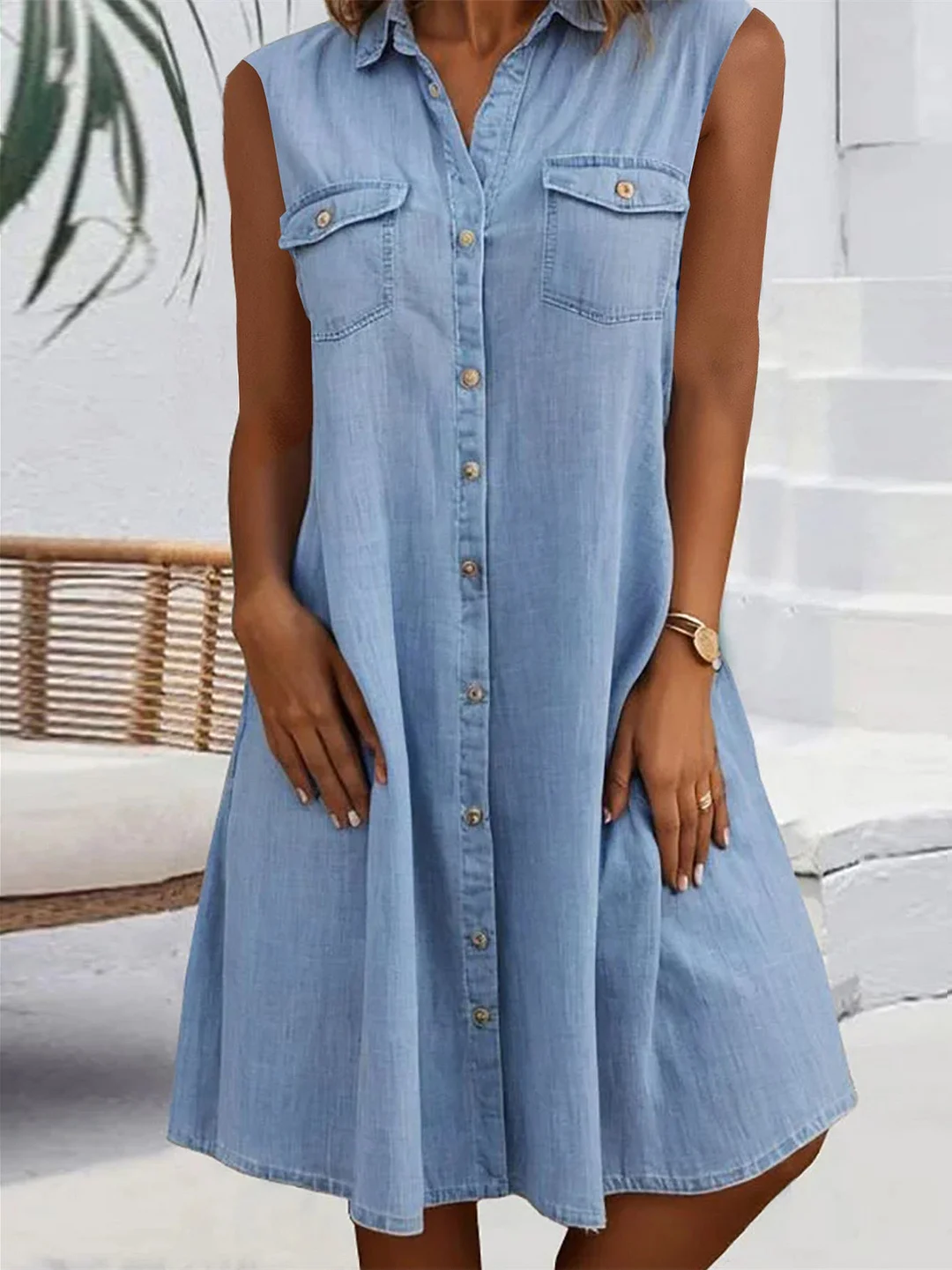 Women Sleeveless Shirt Collar Solid Button Pockets Midi Dress