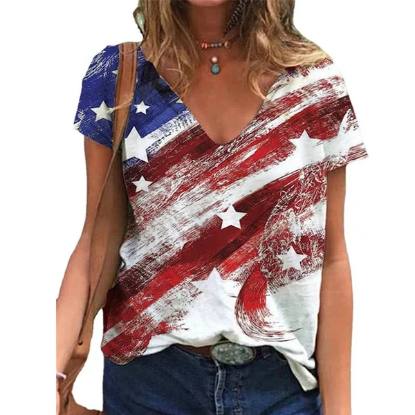 Ladies Casual Printed Short-sleeved V-neck T-shirt, Summer Ladies Fashion Short-sleeved Top