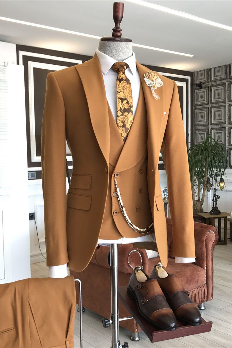 Dresseswow Gentle Double Breasted Orange Prom Outfits Men Peaked Lapel