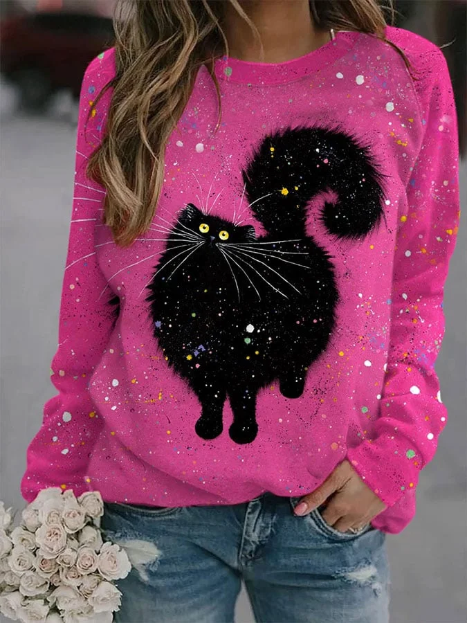 Women's Black Cat Print Casual Sweatshirt