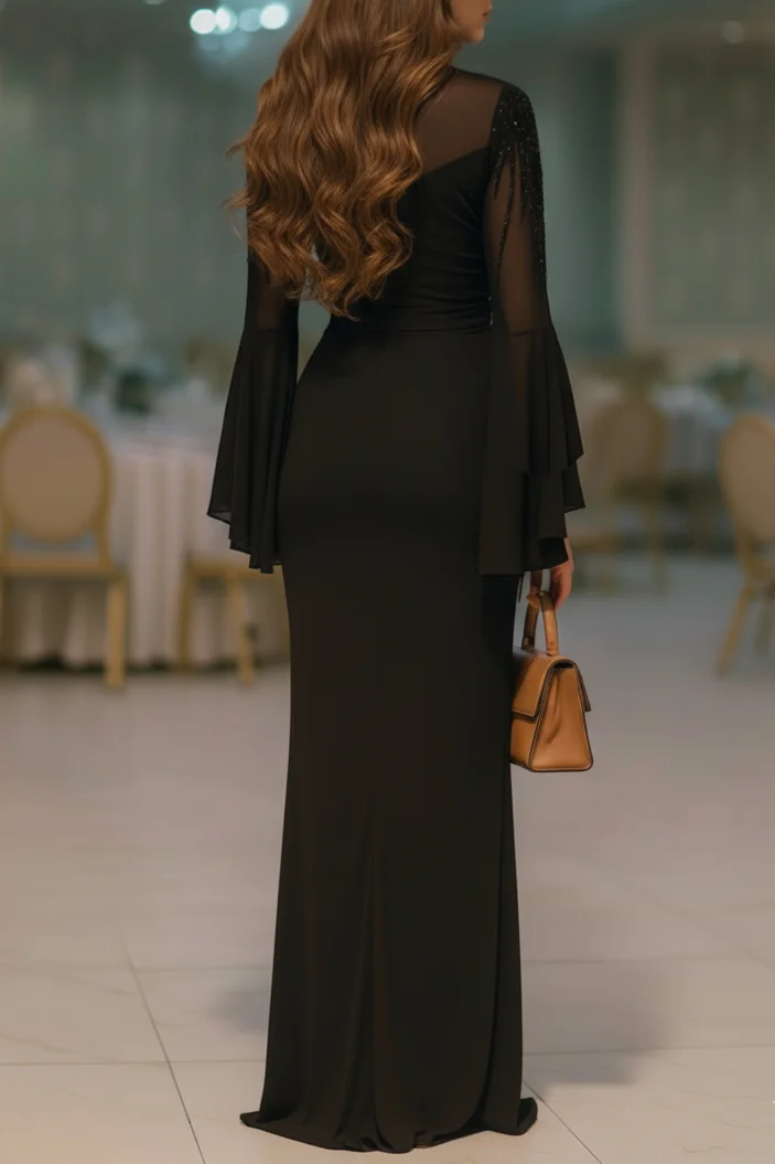 Sequin Embroidery Flare Sleeve Ruched Party Maxi Dresses-Black [Pre Order] Black-S