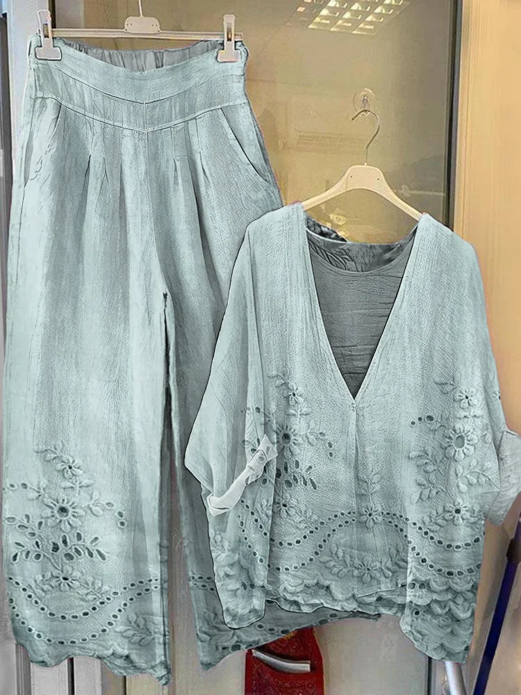 Women's Vintage Floral Texture Patterns Print V-Neck Top Wide-Leg Pants Cotton Linen Suit