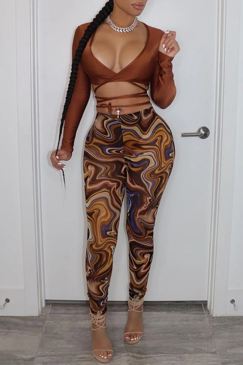 Coffee Fashion Sexy Print Bandage V Neck Long Sleeve Two Pieces