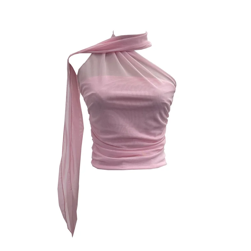 Churchf Real Shooting Mesh Ribbon Hanging Neck Folded Sleeveless Top Babes Two-Wearing Design Wrapping Bras 1125