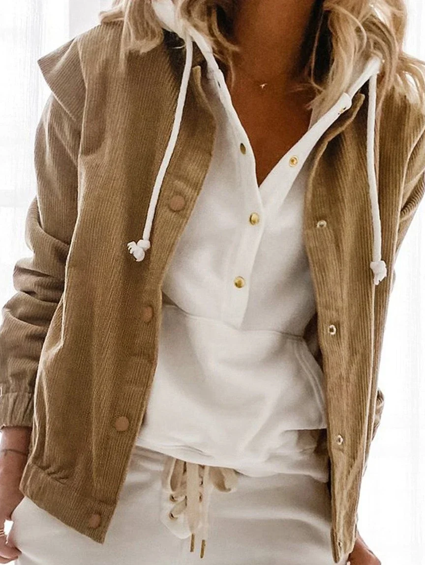Casual Solid Color Corduroy Loose Long-Sleeved Stand-Up Collar Coat | IFYHOME