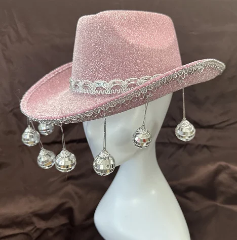 Rhinestone Disco Ball Lace Trim Cowboy Hat-Light Pink