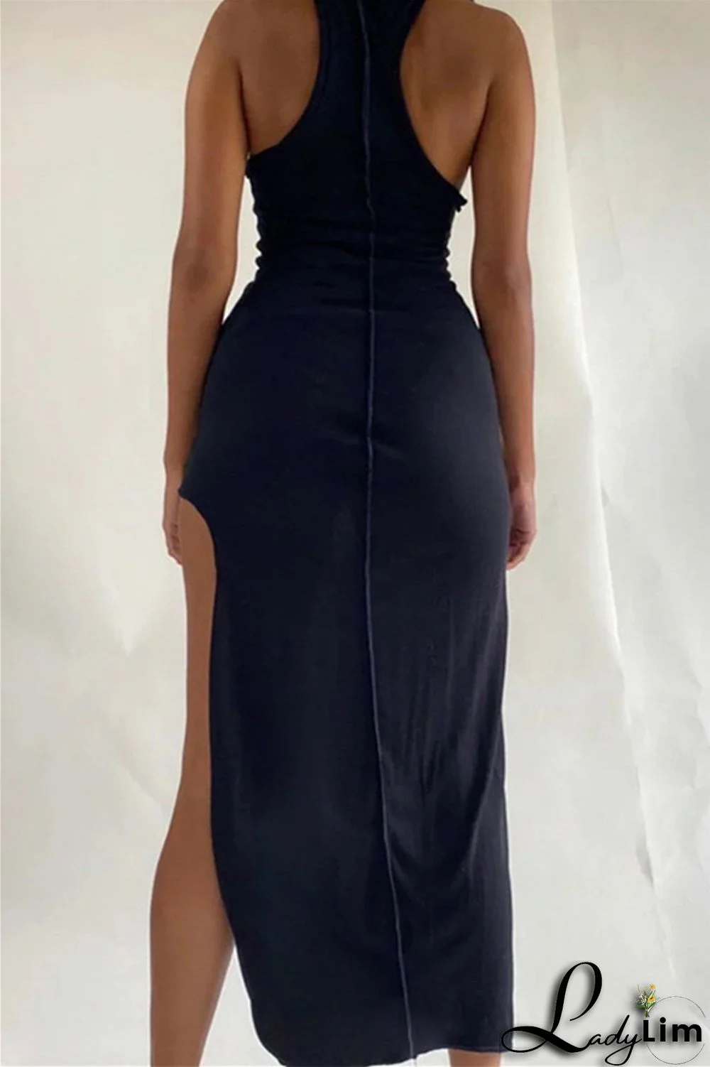 Black Sexy Casual Solid Slit O Neck Vest Dress